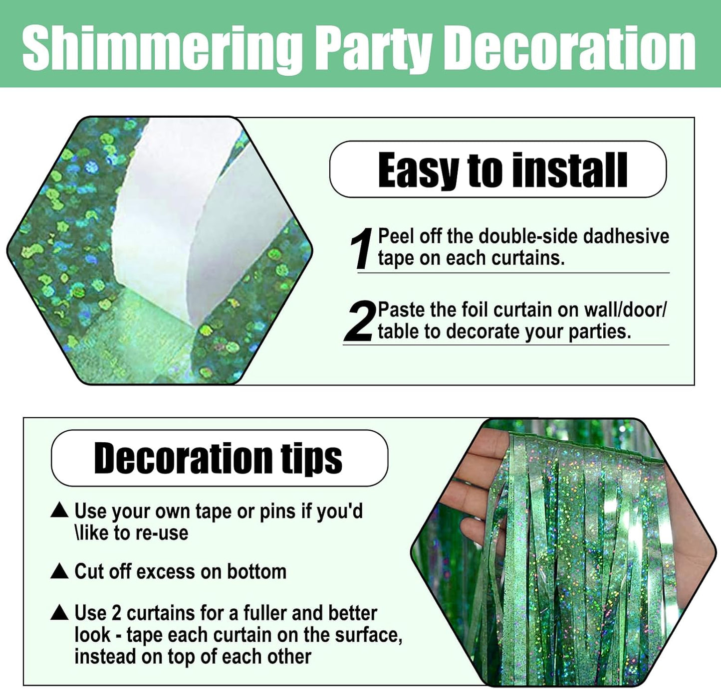 3 Pack Light Green Foil Fringe Curtain Backdrop, 3.28Ft x 8.2Ft Metallic Tinsel Foil Fringe Streamer Curtains for Photo Booth, Mother's Day, Easter, Birthday, Wedding Party Decorations