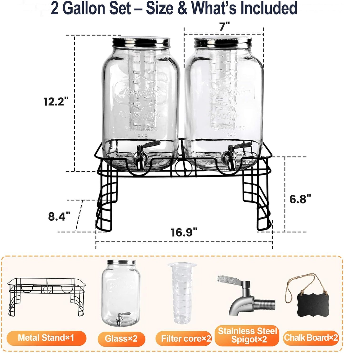 2 Gallon Drink Dispensers for Parties, 2 Pack Beverage Dispensers with Stand, Glass Water Jug Dispenser, with 18/8 Stainless Steel Spigot, Great for Party, Wedding, Picnic, BBQ