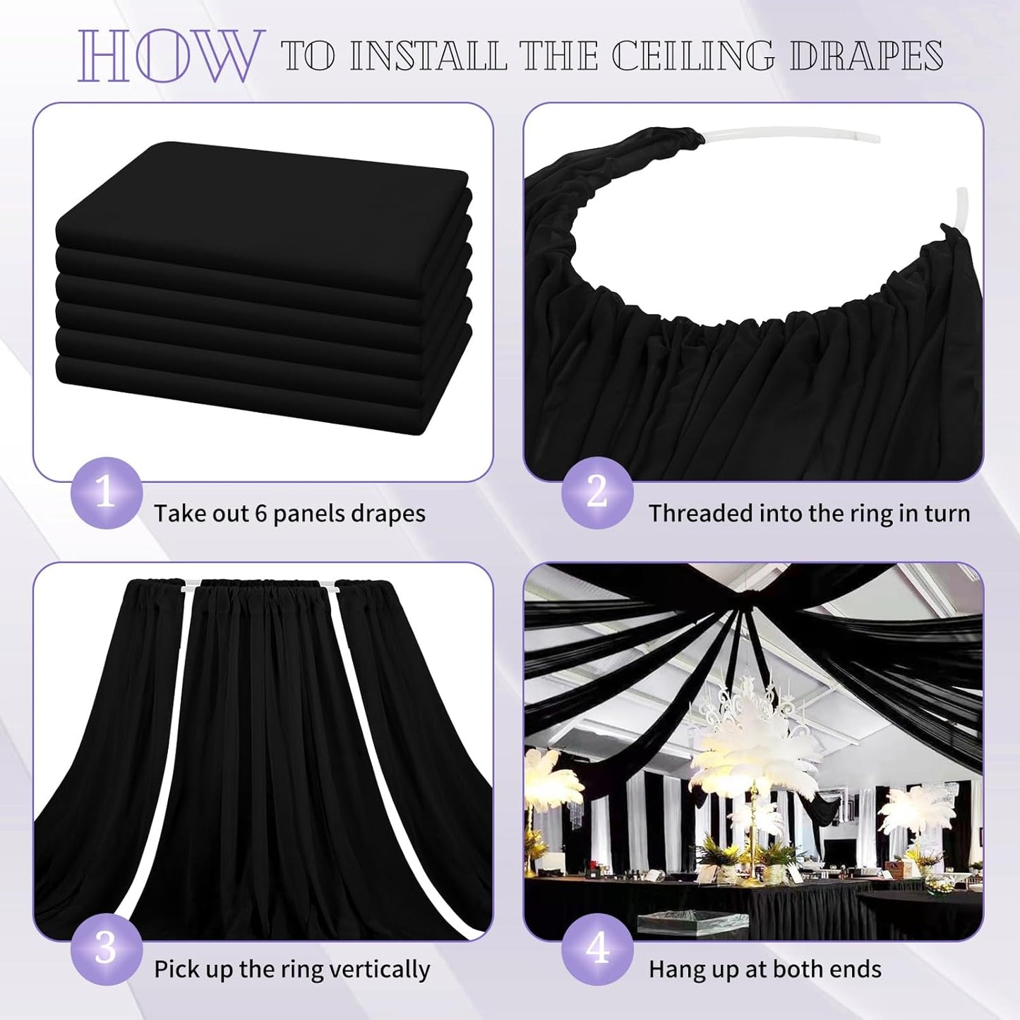 6 Panels Black Ceiling Drapes for Wedding 5ftx20ft Chiffon Fabric Arch Draping Curtains Sheer Drapery for Party Ceremony Birthday Baby Shower Reception Stage Swag Ceiling Decorations