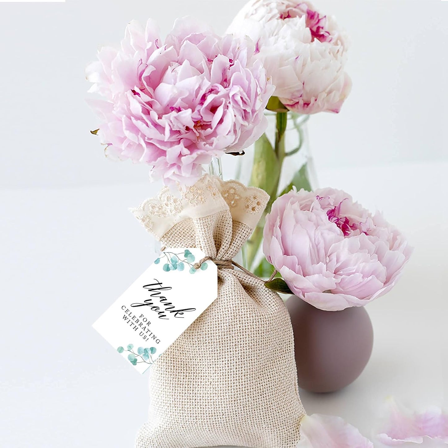 Andaz Press 100-Pack Thank You for Celebrating with Us Favor Tags Silver Dollar Eucalyptus Cardstock Gift Tags with Bakers Twine for Wedding Baby Shower Bridal Shower Party Favors 2 x 3.75-Inches