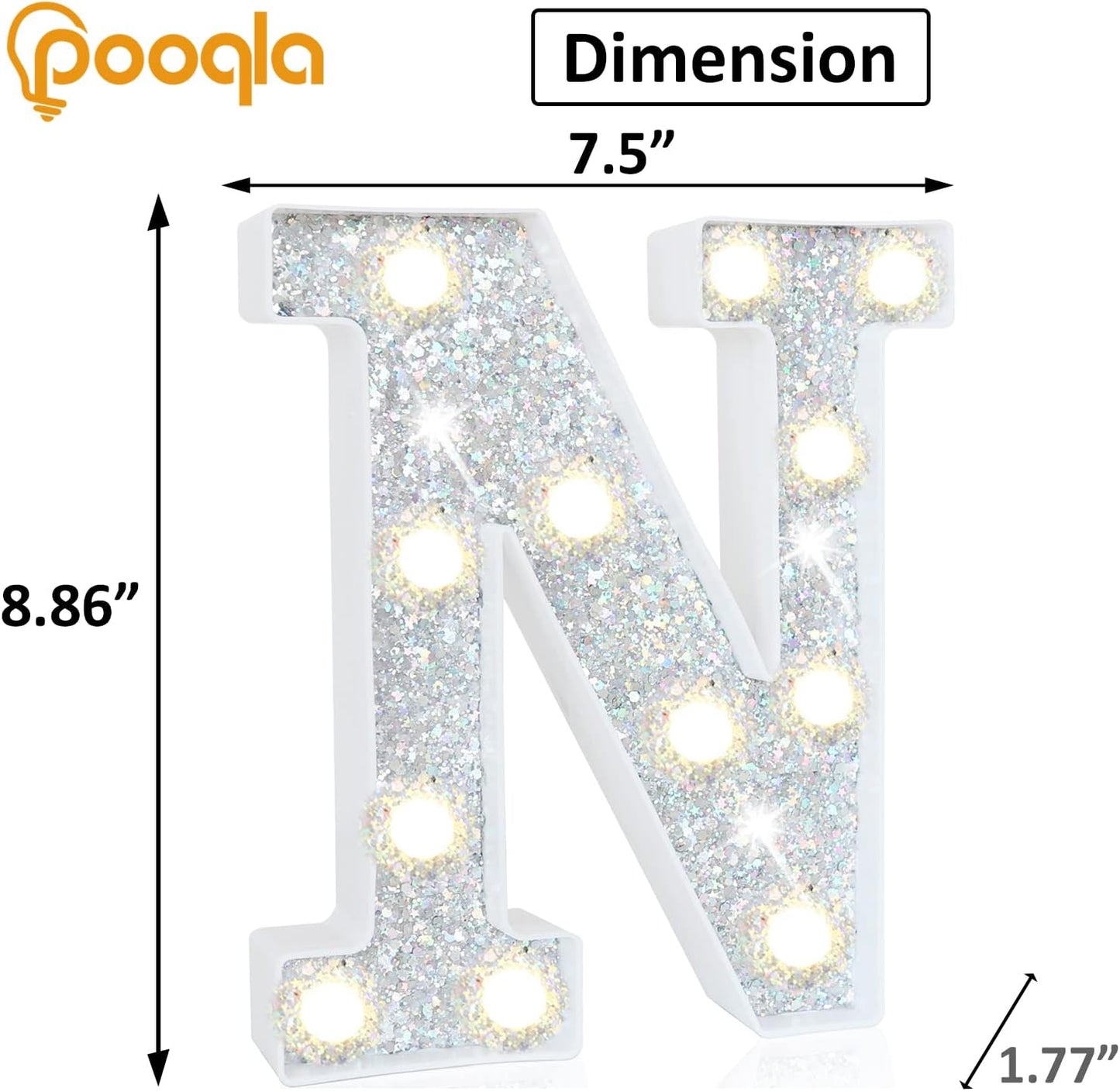 Pooqla Light Up Letters, LED Marquee Letters for Silver Birthday Decorations, Battery Powered Night Light Teenager Girl Room Decor, Gift for Girls Boys Wedding Bedroom Christmas Party Decor, Letter N