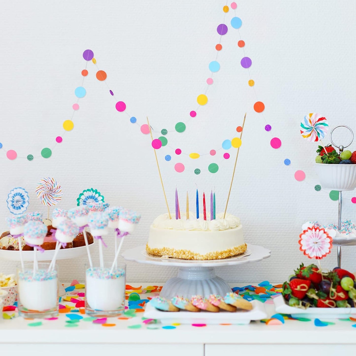 Outus 5 Pieces Colorful Dots Paper Garland Round Glitter Garland Hanging Confetti Streamers Backdrop for Candy Birthday Classroom Halloween Trunk or Treat Car Decoration (Rainbow)