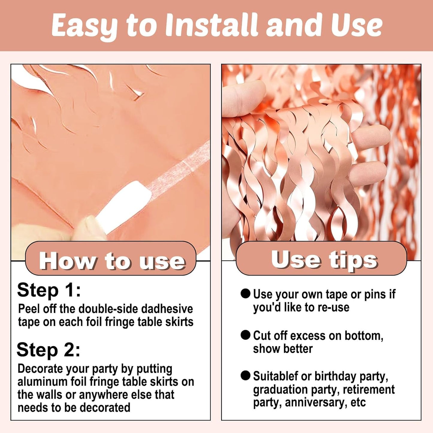 6 Pack 29x108 Inch Rose Gold Wave Foil Fringe Table Skirts Metallic Banner for Tinsel Streamer Garland Backdrop for Parade Floats Wedding, Mother's Day, Birthday Mardi Gras Party Decorations