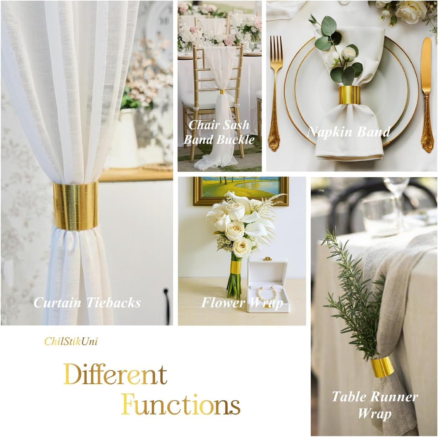 Polymer Material Reusable Napkin Band, Glue-Free Tear-Proof Water Resistant Oil-Proof Napkin Bands Set of 100(Front Brushed Gold Color and Back Silver), 6 Adjustable Sizes Napkin Rings