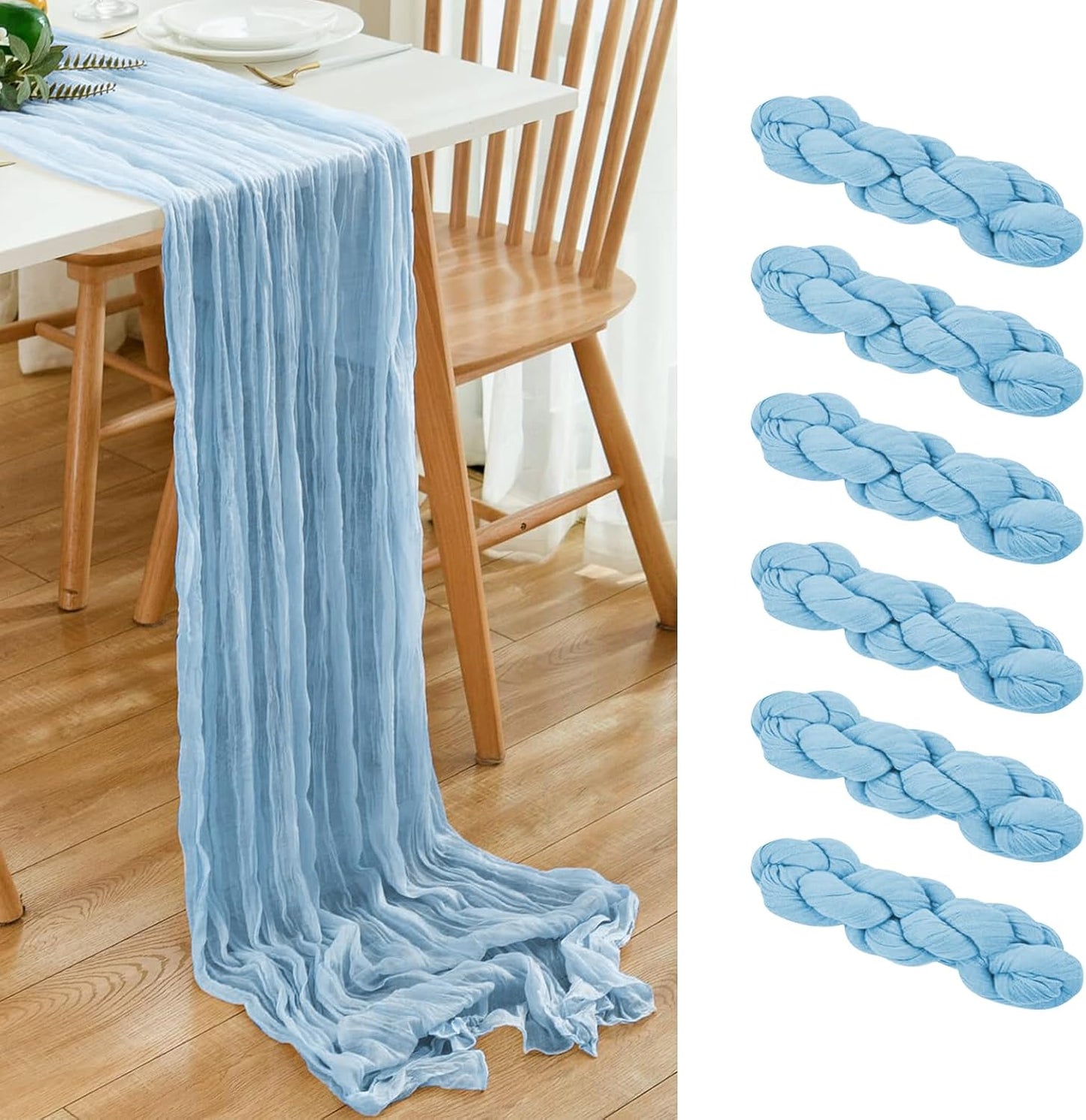 6 Pack Baby Blue Cheesecloth Table Runner 20x120 Inch Boho Wrinkled Sheer Romantic Gauze Decor for Wedding, Bridal Shower, Birthday Party