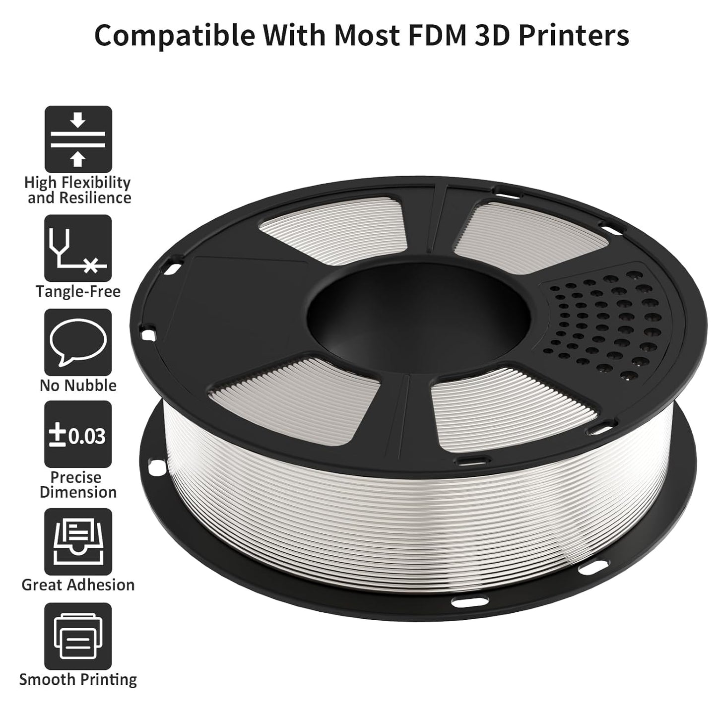 GIANTARM 3D Printer Filament, Silk White Pla Filament, 1Kg(2.2lbs) Spool, 1.75mm Dimension Accuracy +/- 0.03mm, 3D Printing Filament