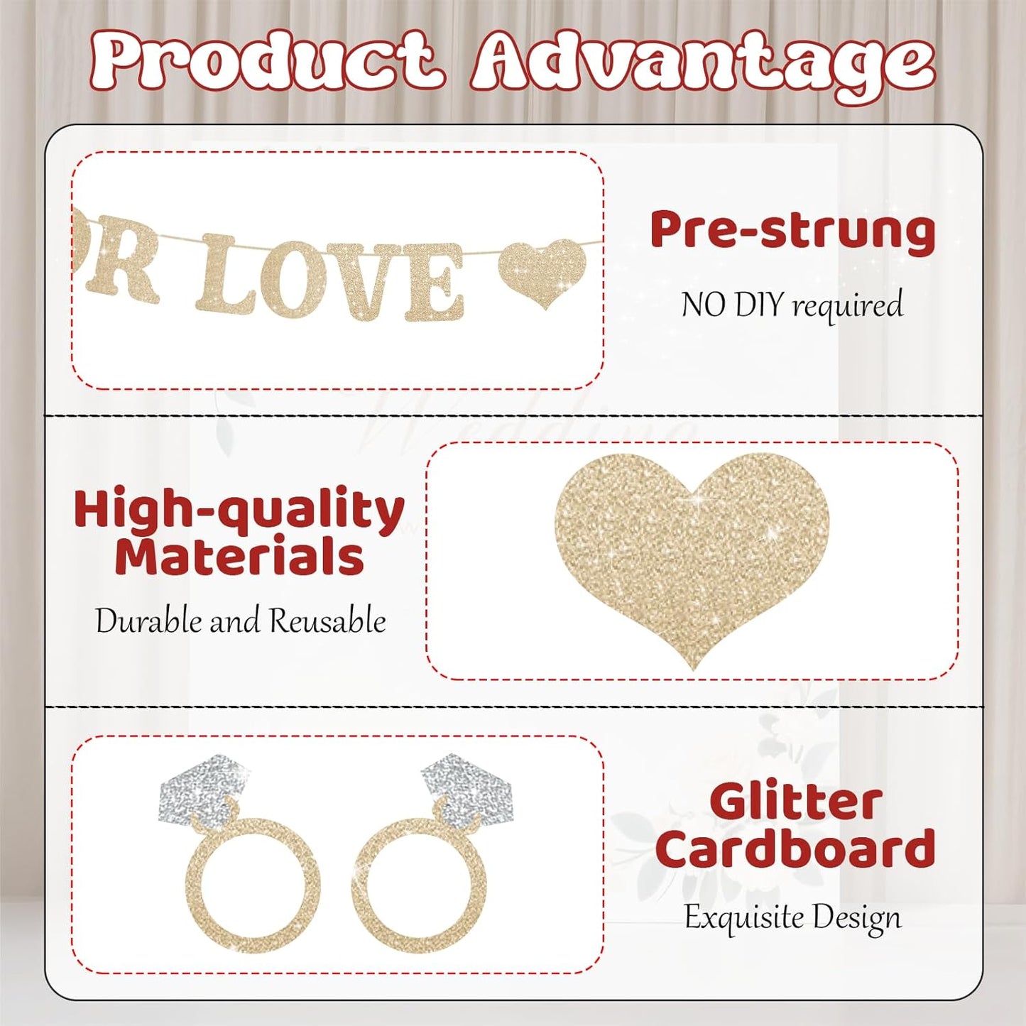 Wedding Decorations for Reception, Pre-Strung Bridal Shower Banner, Glitter For Love I Do Engagement Banner, Bride To Be Sign for Backdrop Ceremony Reception Bridal Shower Decorations