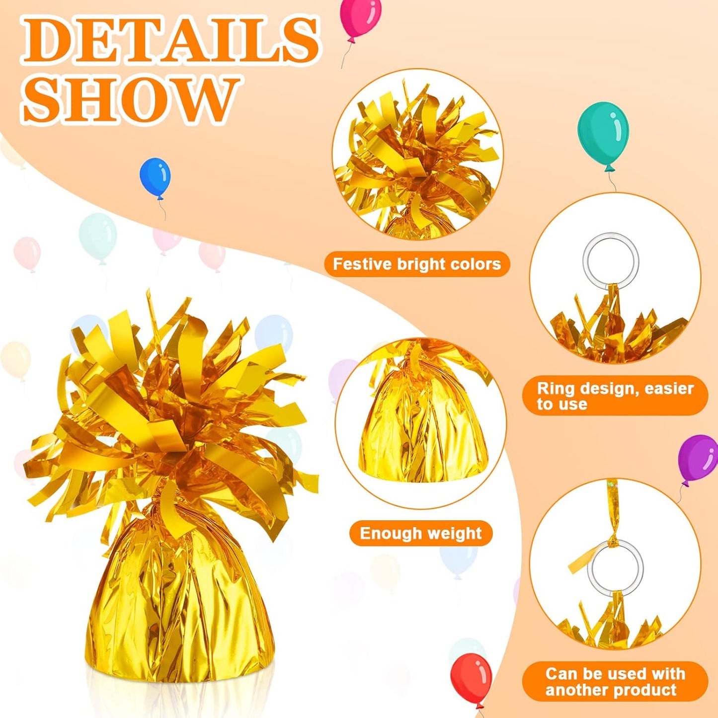 24 Pcs Balloon Weights Metallic Anchor Balloon Holder for Helium Balloons Heavy Table Weights and 1 Roll Iridescent Crimped Ribbon for Birthday Wedding Halloween Christmas Party(Gold)