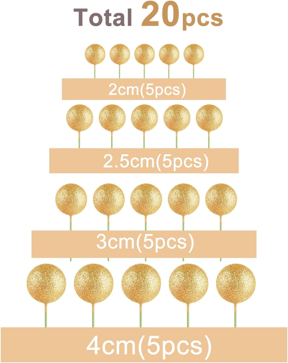 ASTARON 20 Pcs Mini Balloons Cake Topper Sticks - Glitter Gold Ball Picks for Christmas Birthday Decorations