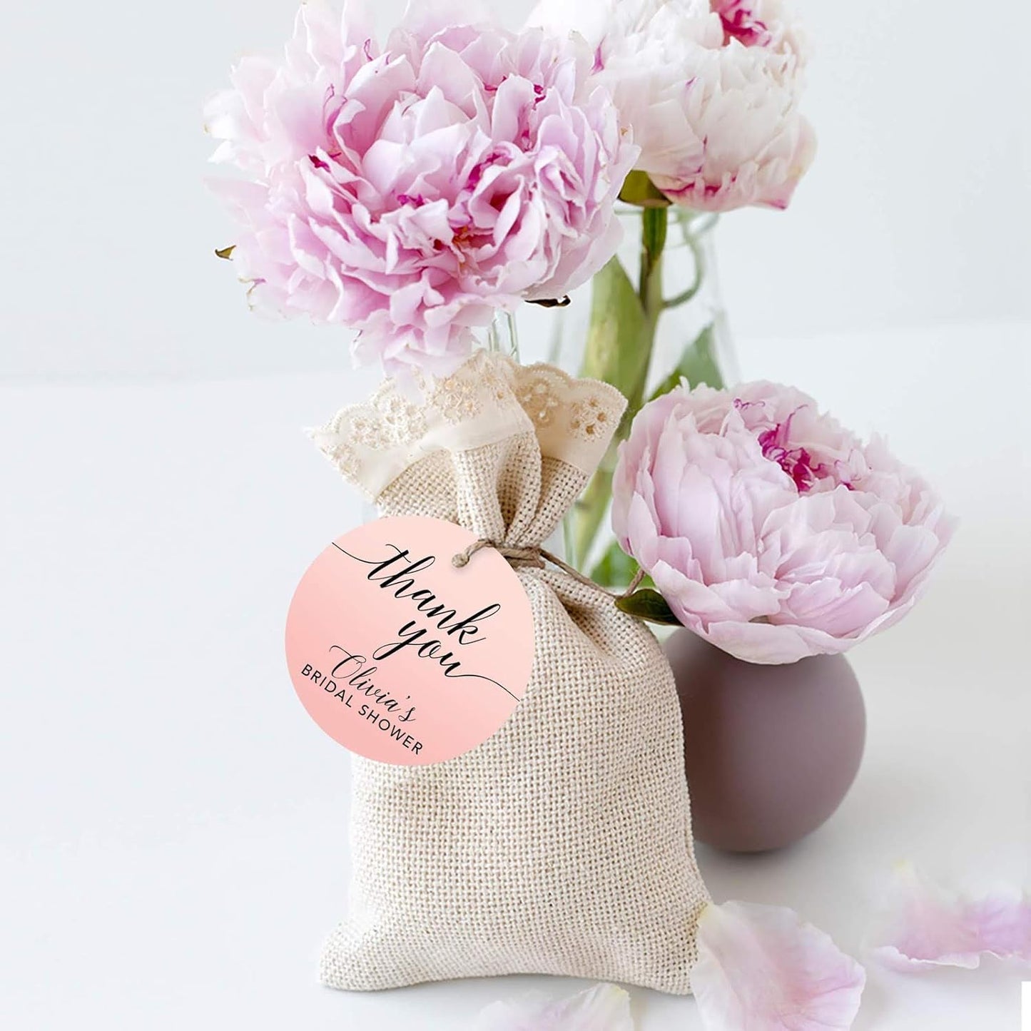 Andaz Press Personalized Blush Pink Rose Elegant Party Collection, Round Circle Tags, Thank You Olivia's Bridal Shower, 24-Pack, Custom Favors Decor