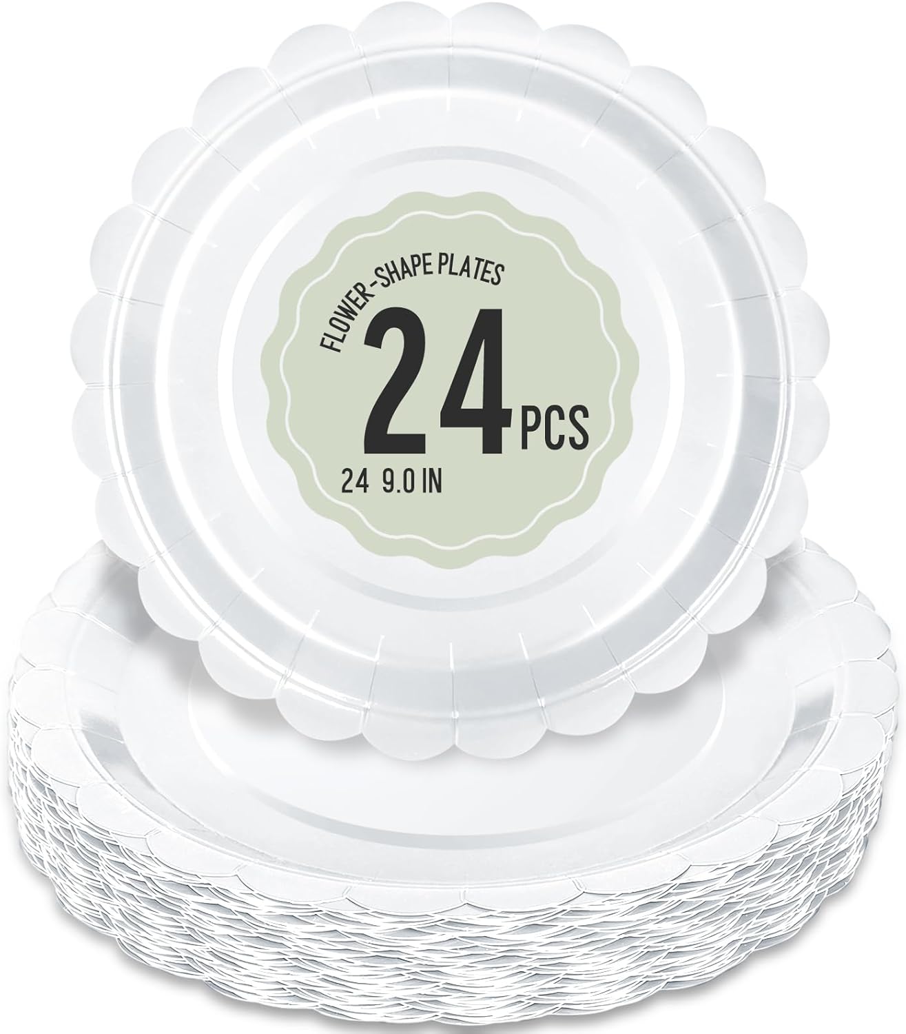 24 Pcs White Paper Plates 9 Inch Scalloped Dessert Plates - Disposable White Cake Plate - Baby Shower Birthday Party Wedding Bridal Party Supplies