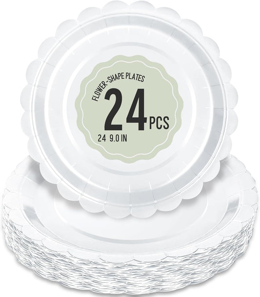 24 Pcs White Paper Plates 9 Inch Scalloped Dessert Plates - Disposable White Cake Plate - Baby Shower Birthday Party Wedding Bridal Party Supplies
