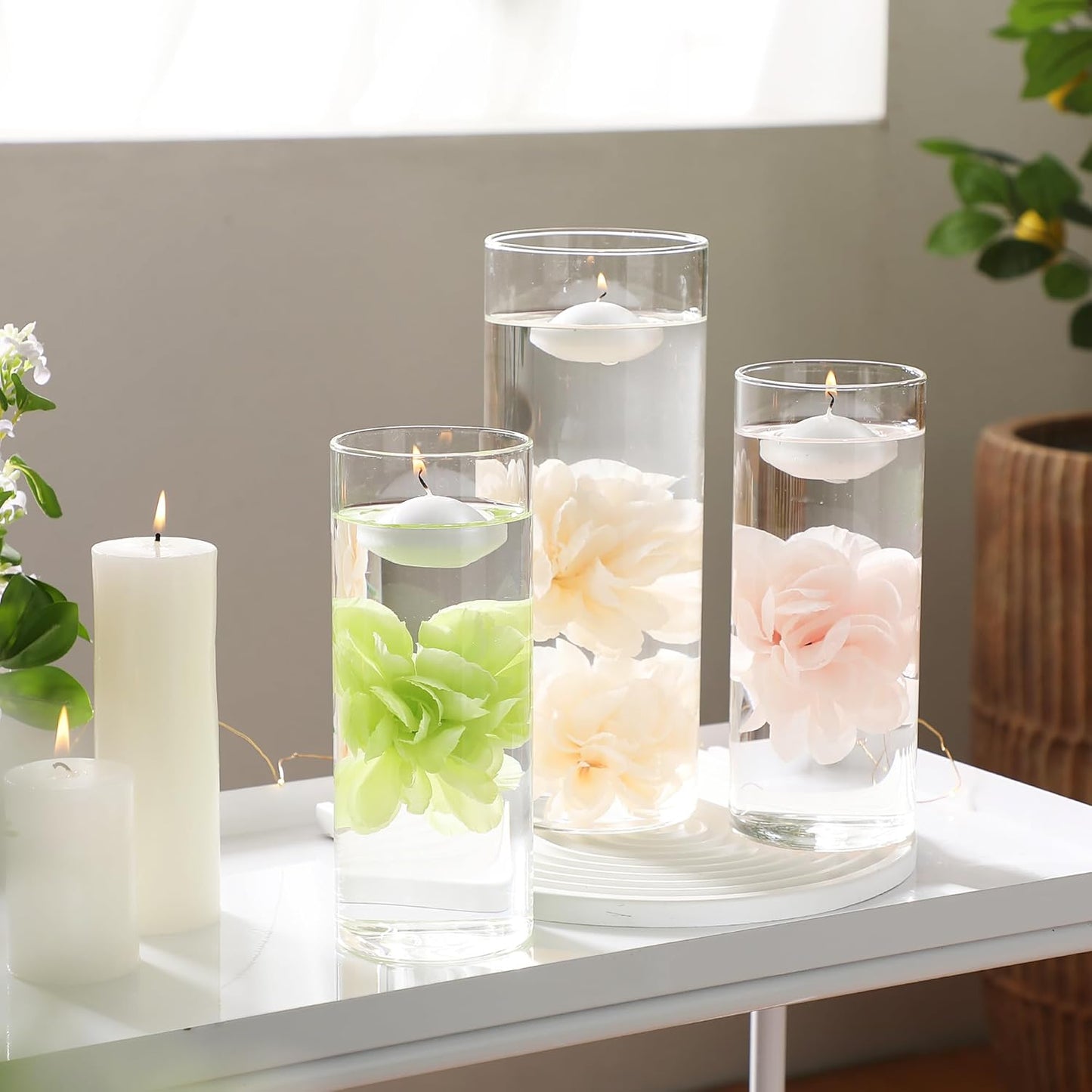 24 Pcs Floating Candles for Centerpieces and Floating Flowers Artificial Flowers Head Vase Filler for Party Home Table Wedding Centerpieces Decoration (Green)