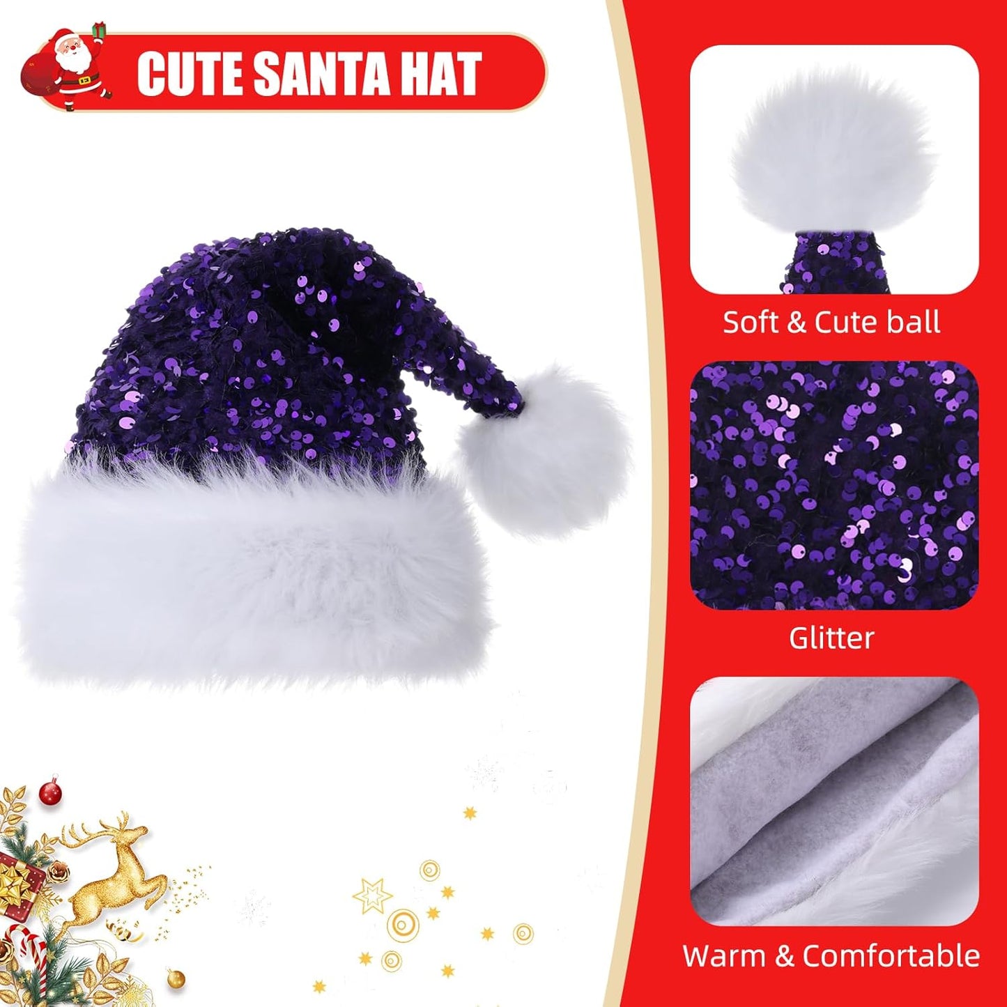 Personalized Sequin Santa Hat for Adults, Red Glitter Christmas Party Hat, Xmas Halloween New Year Holiday Headwear