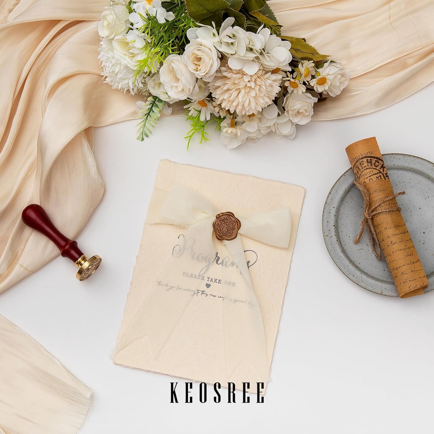 3 Rolls Cream White Handmade Chiffon Ribbon,1.5" x 21Yd Frayed Fringe Silk Ribbons (3 Rolls *7Yd) for Gifts Wrapping, Wedding Invitations, Bridal Bouquets, Decorations