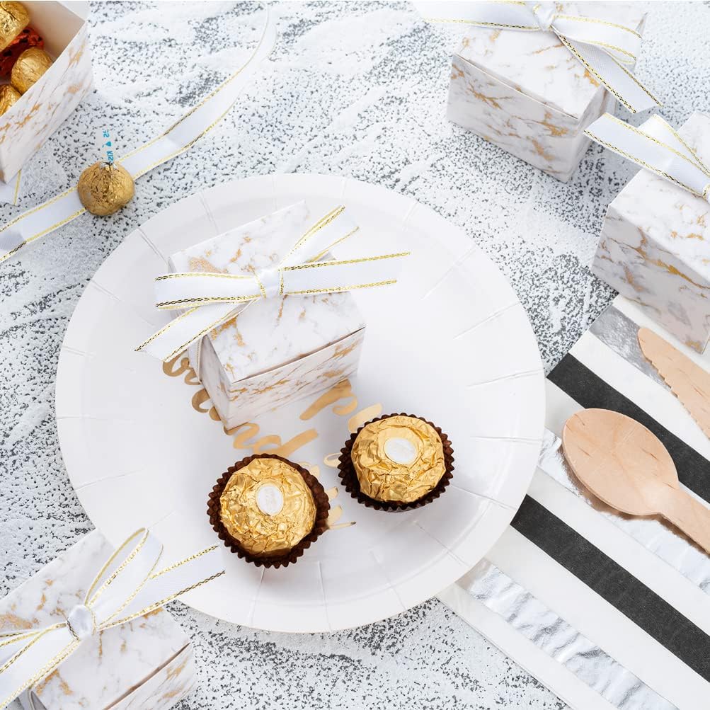 AWELL Small Marble White Gift Candy Box Bulk 2x2x2 inches with Ribbon Party Favor Box,Gold and White Marble,Pack of 50