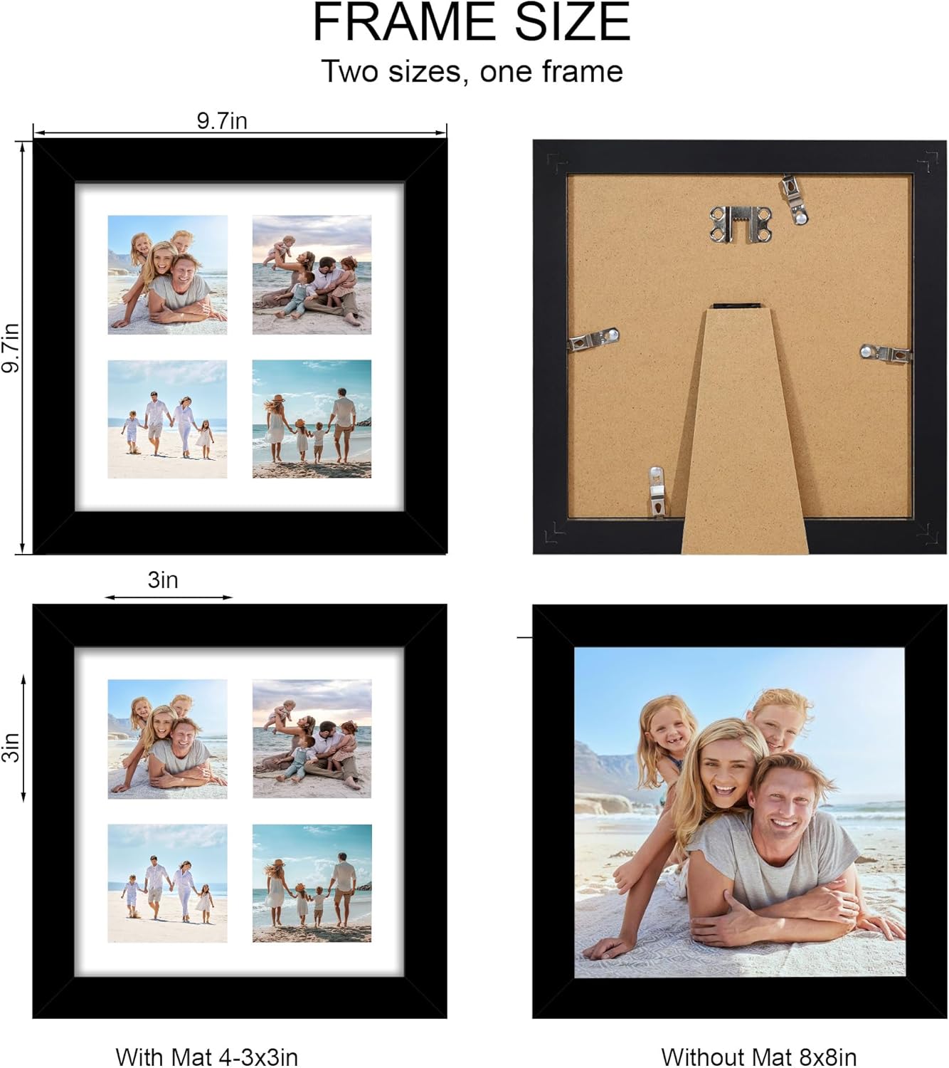 8x8 Picture Frame Set of 2, with Glass and Black Wood Frames, Display Collage Four Opening 3x3 With Mat or 8 x 8 Without Mat for Wall Hanging or Tabletop