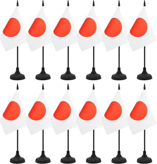 12 Pack Japan Desk Flag Set, Japanese Table Office Flag, Small Miniature Desktop Flag With Black Pole and Black Base, Classroom, Offices Meeting Desk Decoration (Japan)