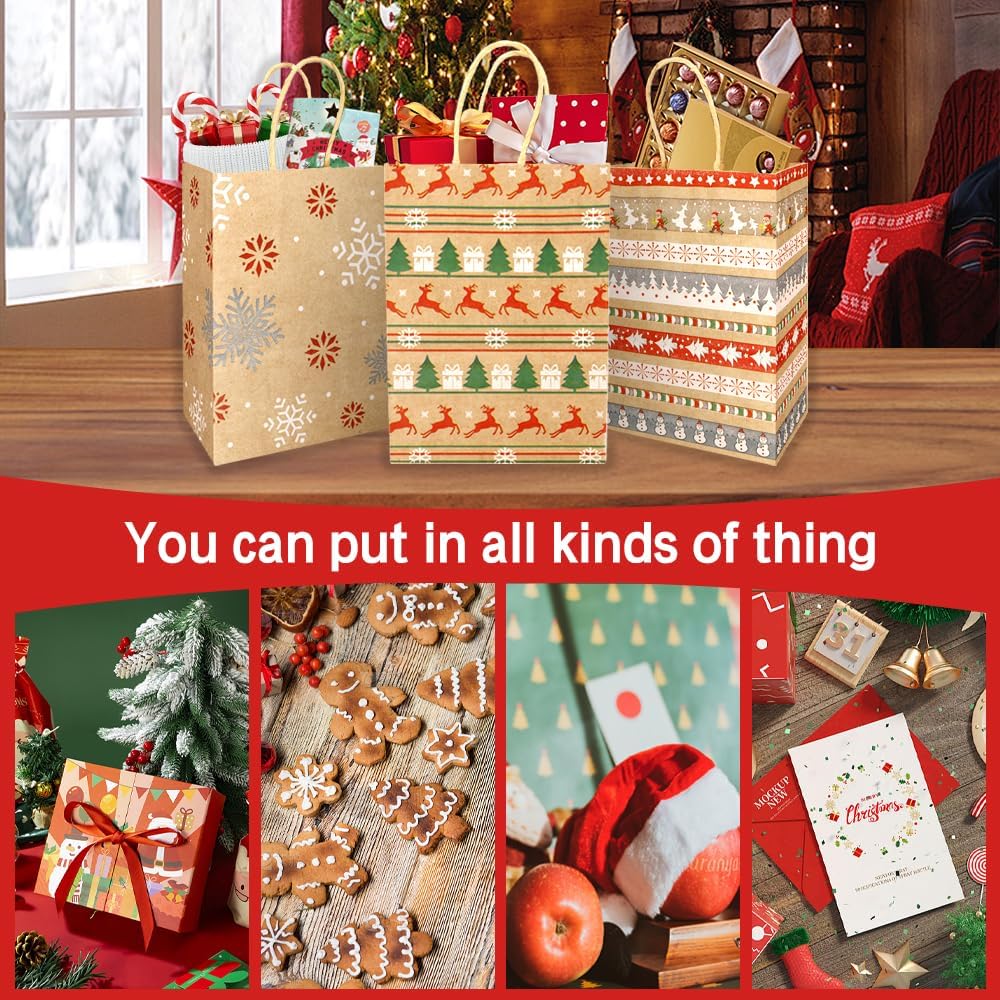 STPIYFZU Christmas Gift Bags, 25 Pack Small Christmas Gift Bags with Handles, Xmas Kraft Paper Bag Bulk with Tissue Paper, Xmas Holiday Present Bag (8.2" x 6" x 3.1")