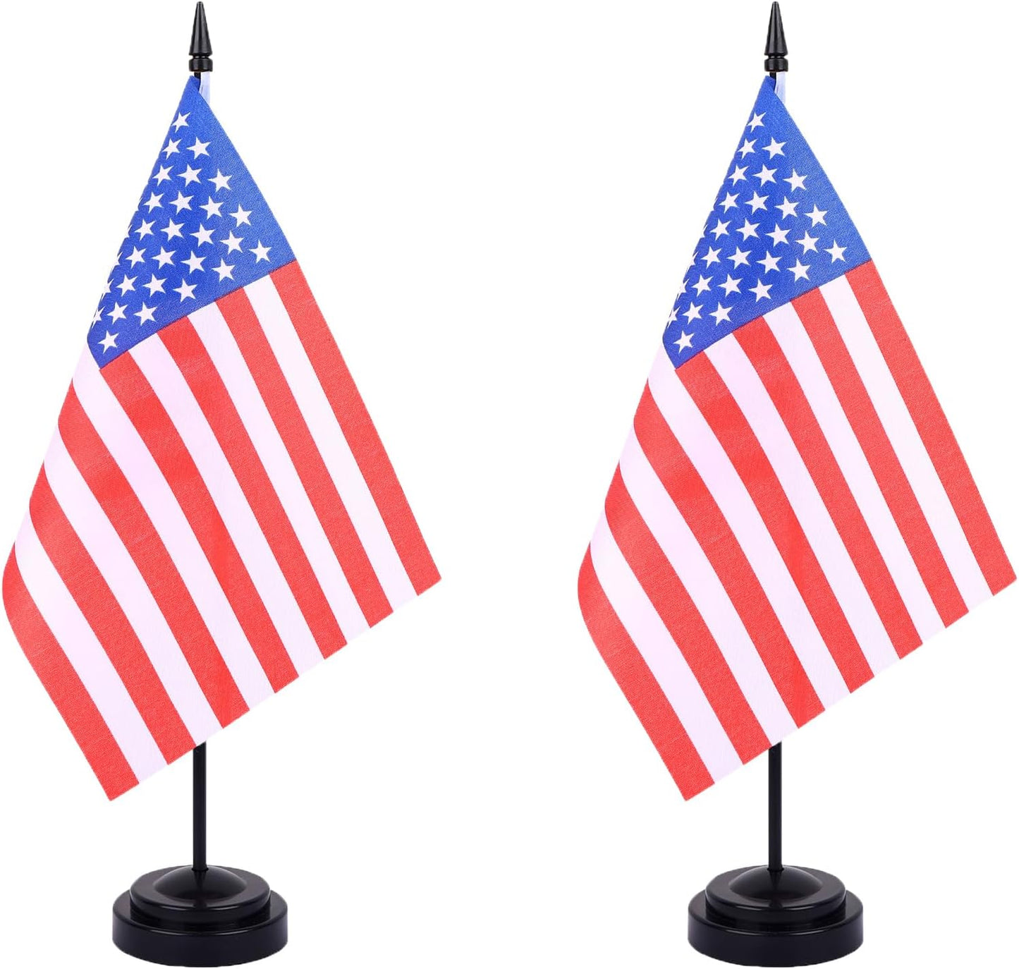 WXTWK 2 Pack American Flag US Desk Flag Set - Mini Small USA Table Office Flags with Black 12" Solid Pole Stand Base 4th of July Party Veteran's Day Classroom Meeting Desktop Decorations
