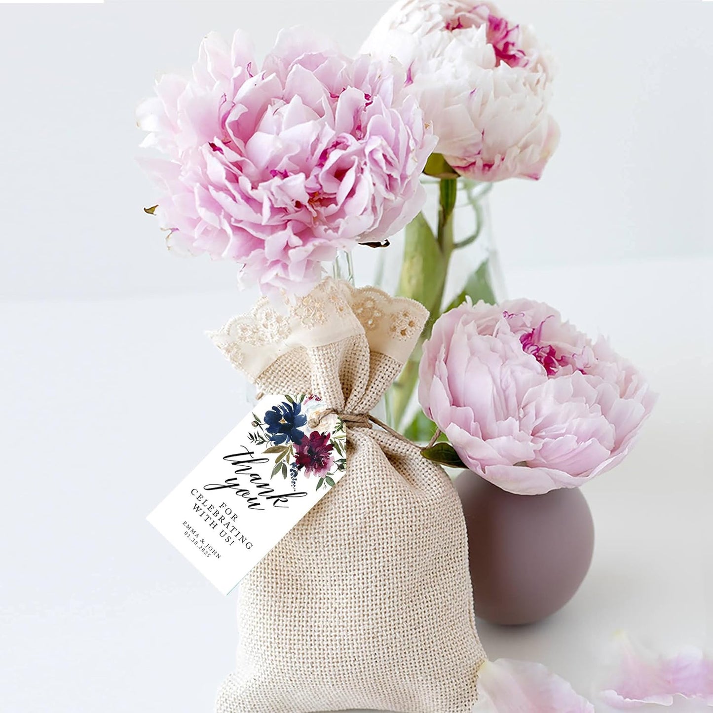 Andaz Press 100-Pack Personalized Thank You for Celebrating with Us Wedding Favor Tags with Bakers Twine Navy Blue Burgundy Florals Custom Cardstock Wedding Gift Tags for Party Favors 2 x 3.75-Inches