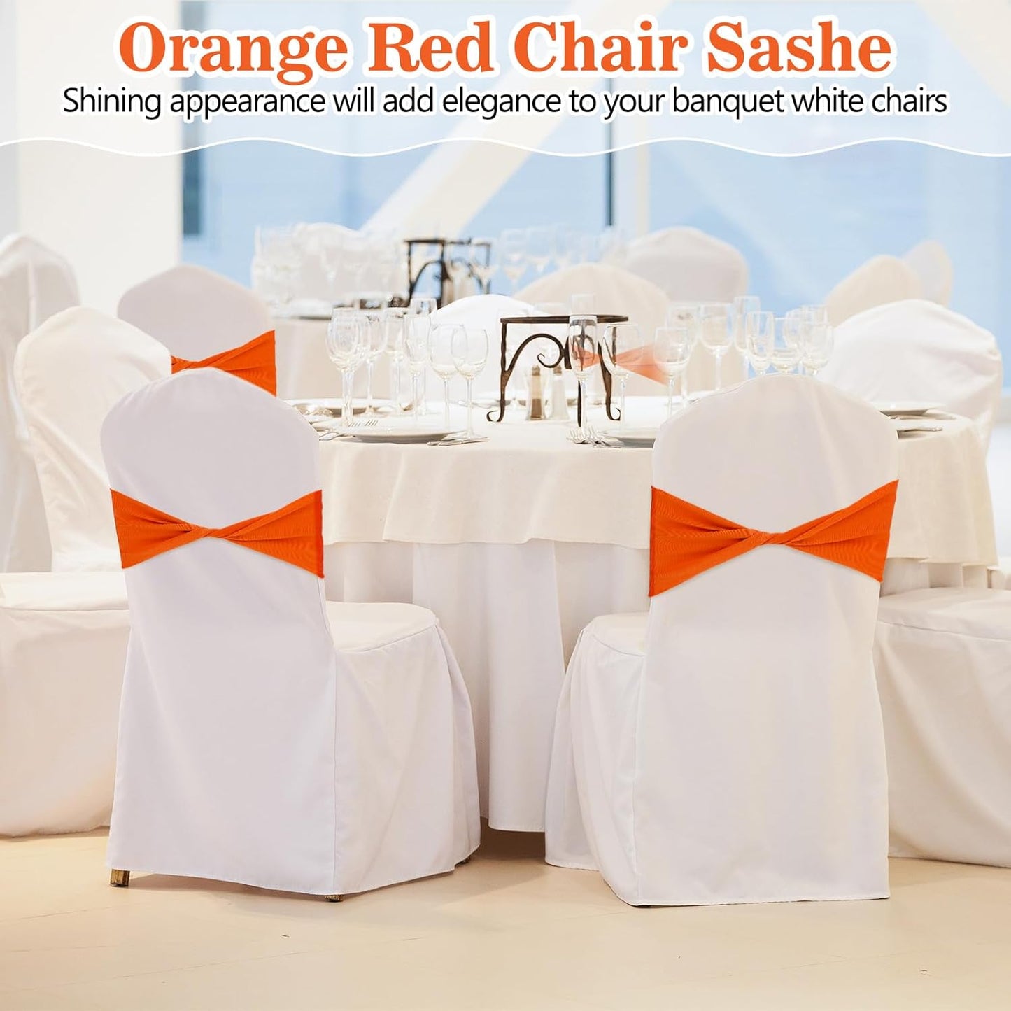 Kinlop 50 Pcs Spandex Chair Sashes Bows Chair Bands Slider Sashes for Covers Elastic Bands Ties Without Buckle Decorations for Wedding Party Events Ceremony Birthday(Orange)