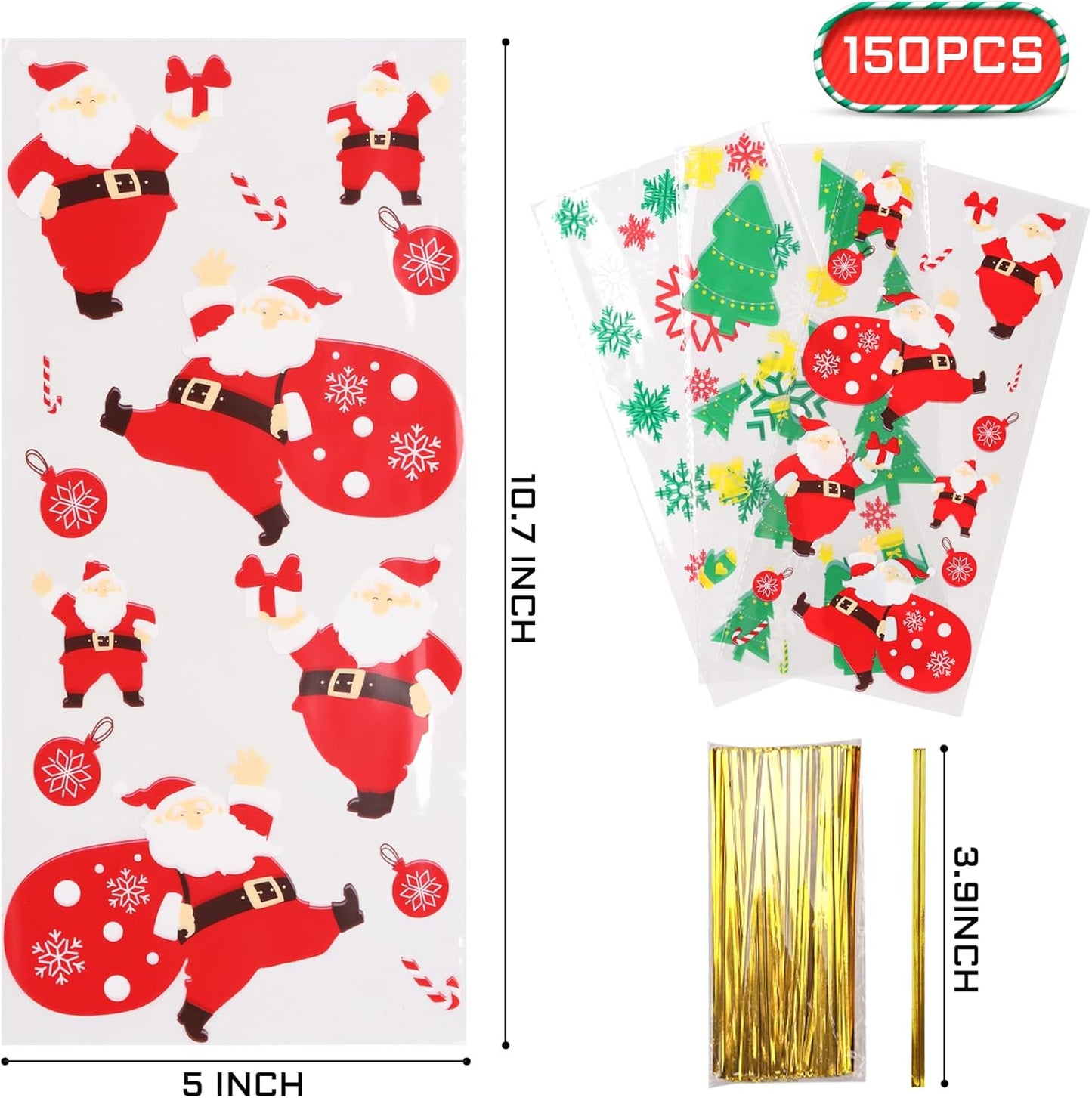 LOKIQNG 150PACK Christmas Cellophane Bags Treat Cookie Gift Bags with Twist Ties for Christmas Party Favors(150PACK, 5x10inch)