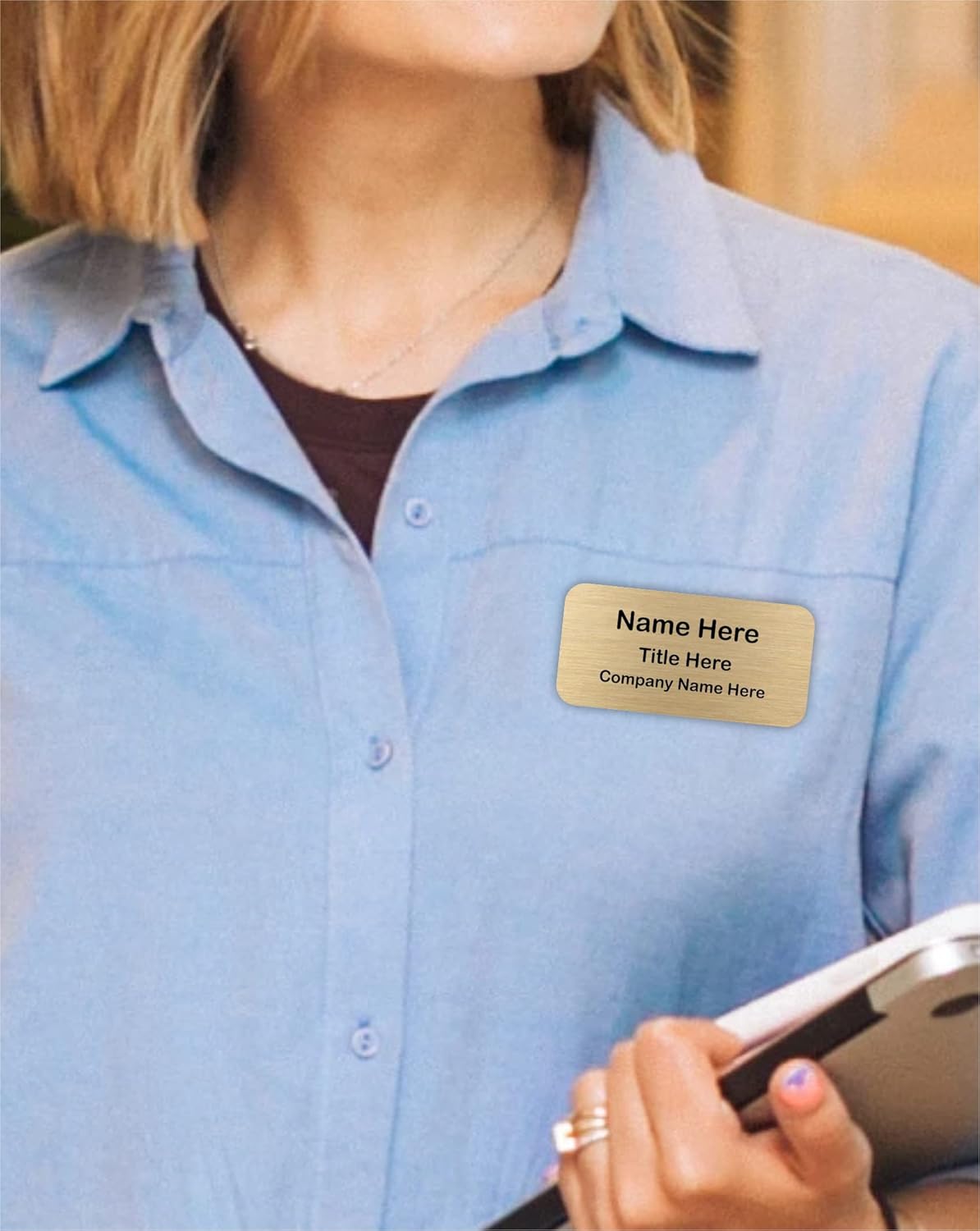 Custom Name Tag - Personalized Name Badge with Magnet Backing - Choose Your Size and Color (Gold Metal 3"x1.5" - No Logo)