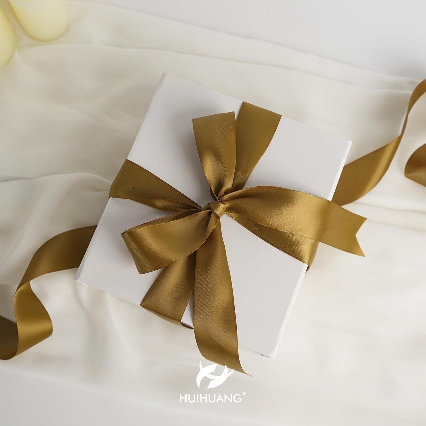 HUIHUANG Golden Brown Ribbon 1-1/2 inch x 50 Yards Luxury Double-Faced Satin Ribbon for Gift Wrapping Crafts Bows Holiday Home Decor Wedding Decoration Flower Bouquets