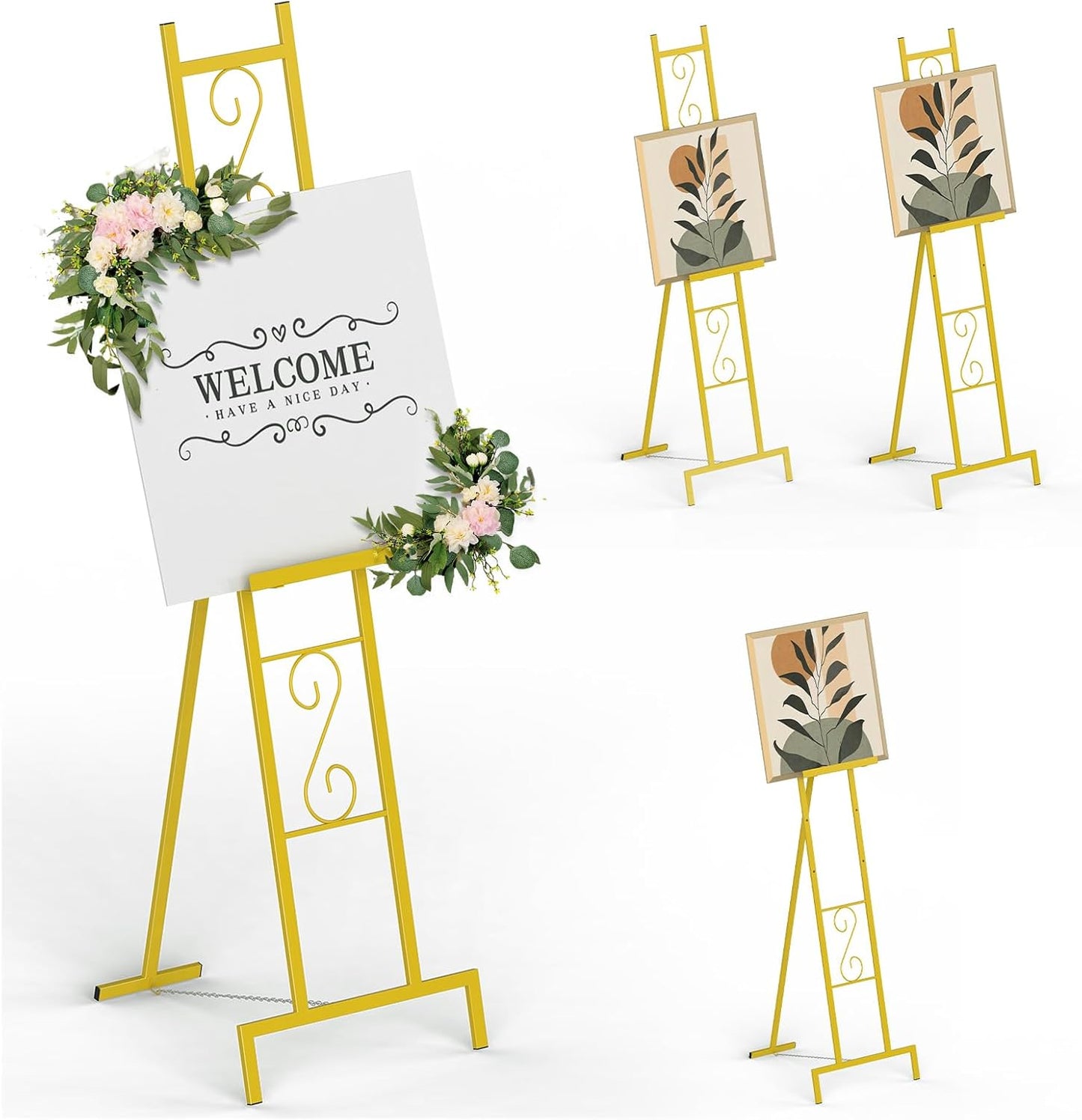 Skcoipsra 58IN Gold Easel Stand for Sign, 3 Tier Adjustable Larger Wedding Welcome Sign Holder, Art Poster Display Stand Free Standing with Chain, 17x17x58 Inch