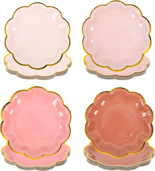 Dusty Pink Gradient Color Dessert Paper Plates, 7 inch Gold Foil Scalloped Edge, Disposable Cake Plates for Tea Party, Birthday, Baby Shower, Wedding Party Supplies (48, Dusty Pink)
