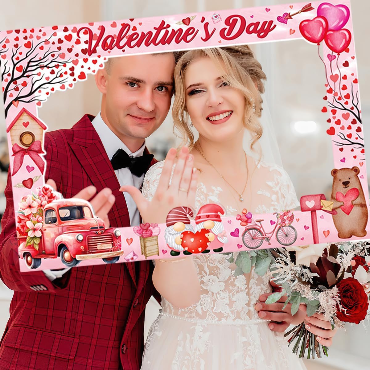 Valentine's Day Photo Booth Props Frame Pink Heart Valentine's Day Theme Selfie Photo Booth Picture Frame Photobooth Props for Photoshoot Posing Signs for Valentine Day Wedding Festival Party Decor