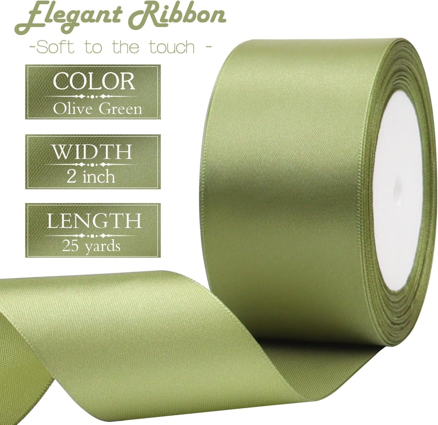 Olive Green Solid Satin Ribbon 2 Inch 25 Yards Solid Polyester Fabric Ribbon for Gift Wrapping Wedding Christmas Baby Shower Birthday Party Decoration Handmade Immortal Flower Craft