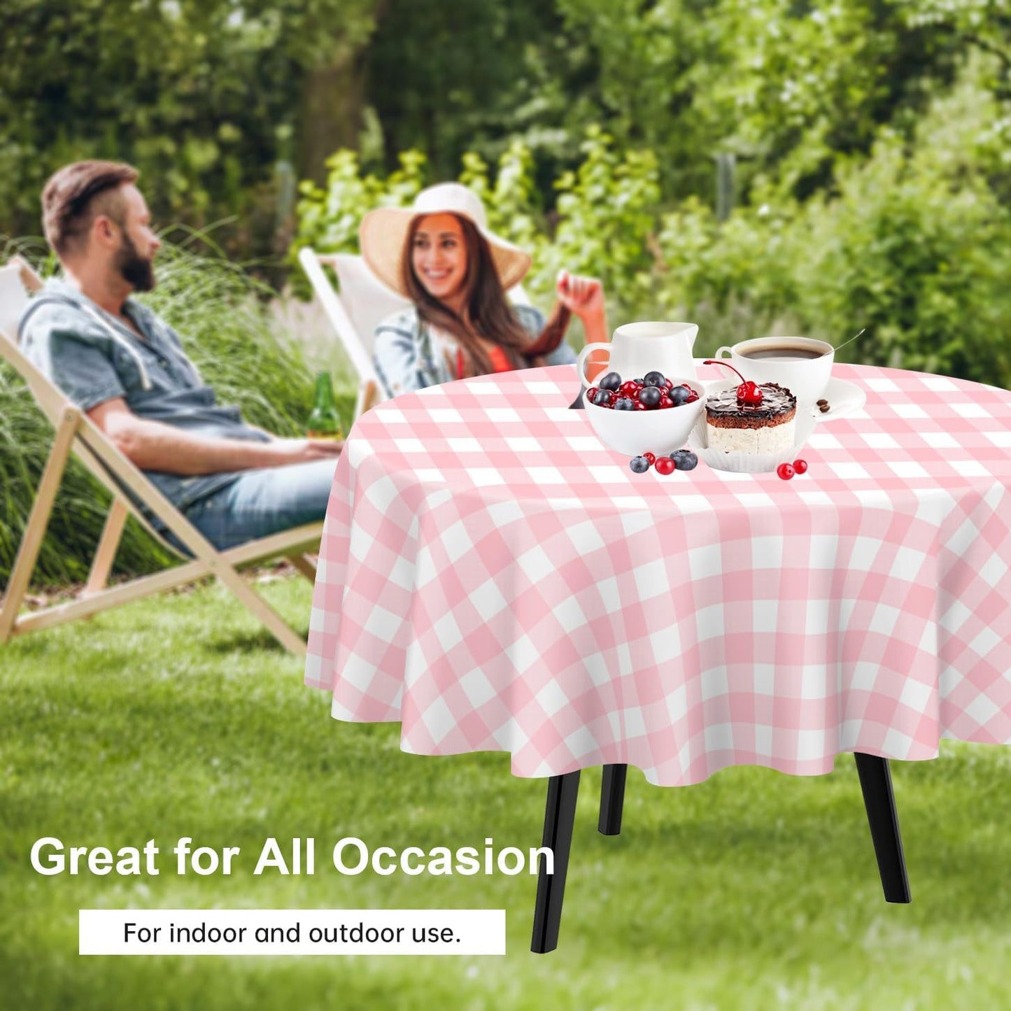 QIKSION Pink Gingham Round Tablecloth 2 Pack, 84 Inch Plastic Checkered Table Cover Disposable for Parties