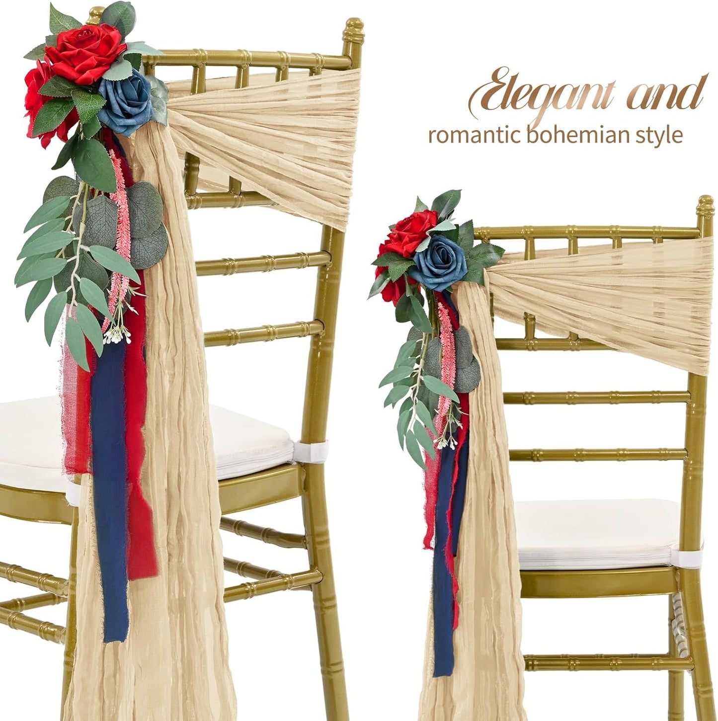 50 PCS Cheesecloth Chair Sashes Bows Wedding Aisle Decorations Chair Ribbon Ties Back Sash for Wedding Party Events Banquet Chair Cover Decoration (Beige)