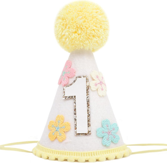 WAUAO Colorful Flower 1st Birthday Cone Hat for Girls - Cute & Adorable Floral Crown, First Birthday Decorations
