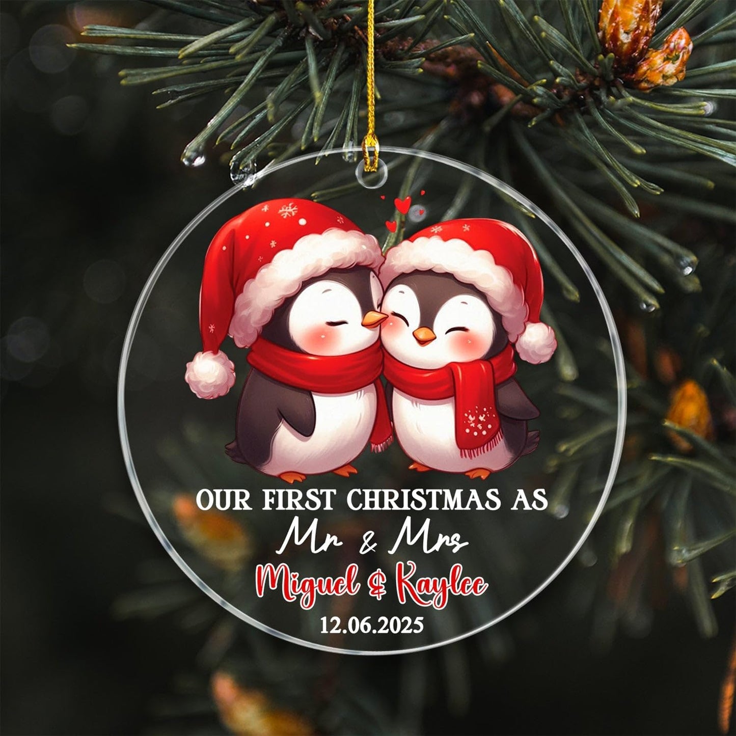 Custom 1st Christmas As Mr & Mrs Ornament Gift for Bride Groom Newlyweds, Personalized Penguin Mr & Mrs Married Ornament with Name/Date, Penguin Just Married Christmas Ornaments for Marriage Wedding