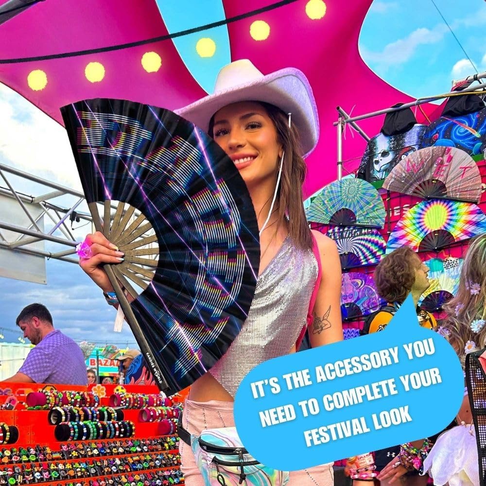 Kandies World Custom Festival Folding Hand Fan - Unique Designs, Made of Bamboo, Clacking Sound, Lightweight - Perfect Rave and Festival Accessory!