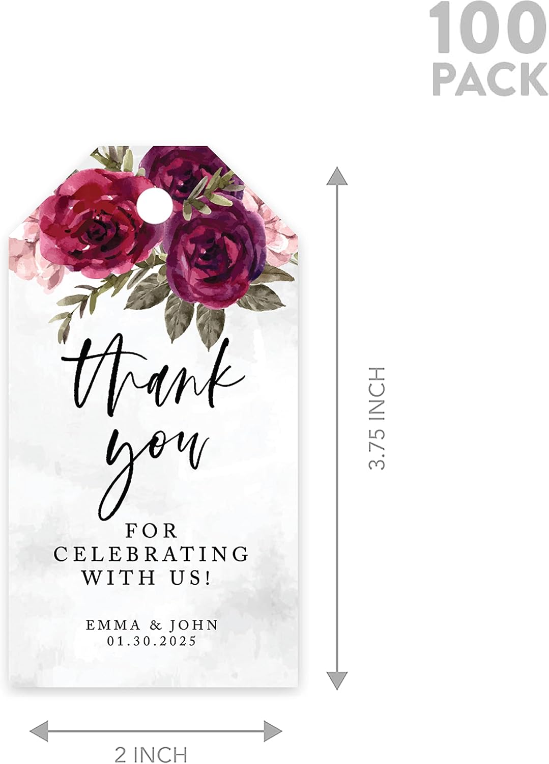 Andaz Press 100-Pack Personalized Thank You for Celebrating with Us Wedding Favor Tags with Bakers Twine Burgundy Florals Custom Cardstock Gift Tags for Wedding Party Favors 2 x 3.75-Inches