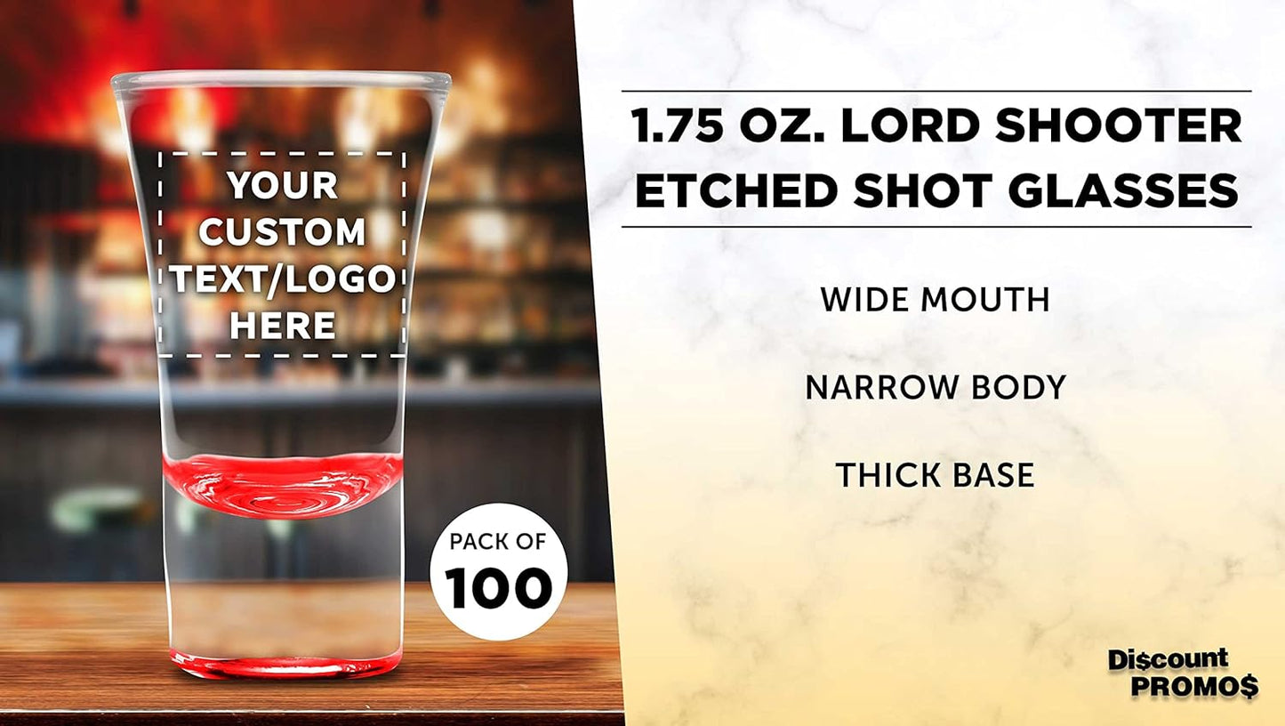 Custom 2 oz. Lord Shooter Etched Shot Glasses, 100 pack, Personalized Text, Logo, 21st Birthday Party, Lounge Glassware, Red