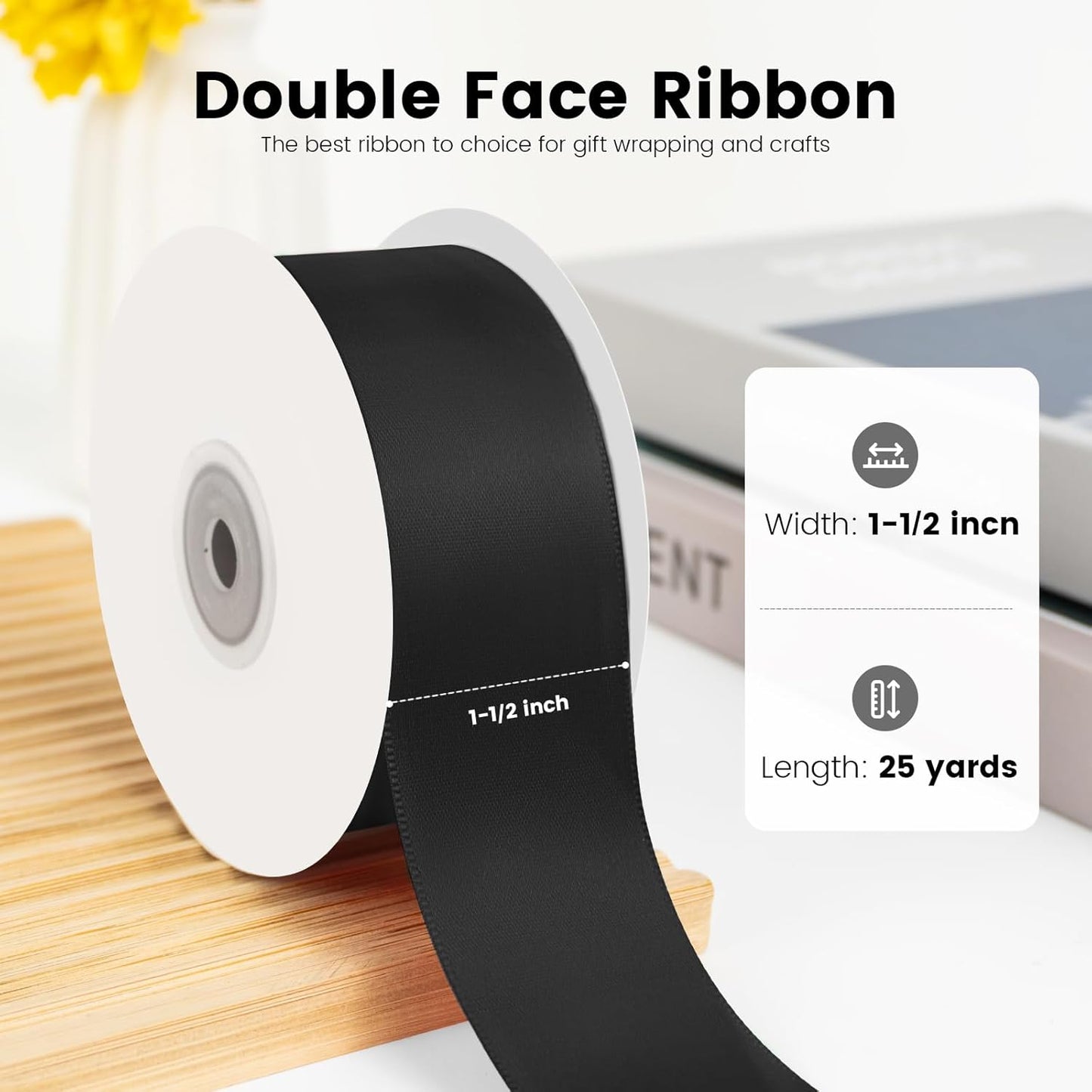 Solid Color Double Faced Black Satin Ribbon 1-1/2" X 25 Yards Ribbons Use for Bows Bouquet, Gift Wrapping, Floral Arrangement
