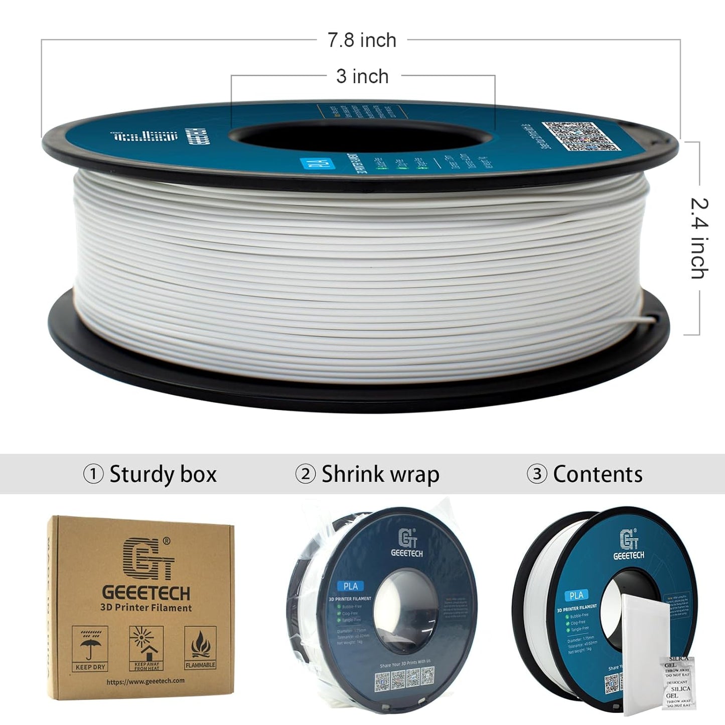 Geeetech 1.75mm PLA 3D Printer Filament, 1kg Spool (2.2lbs), Upgrade Tidy Winding Tangle-Free, Dimensional Accuracy +/- 0.02 mm, White