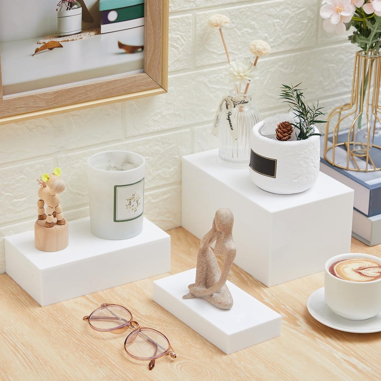 Leinuosen 7 Pcs Large Buffet Risers Set 6" to 12" Acrylic Display Box Catering Dessert Table Riser Food Display Decorative Stand with Hollow Bottom for Catering Supplies(White, Rectangle)