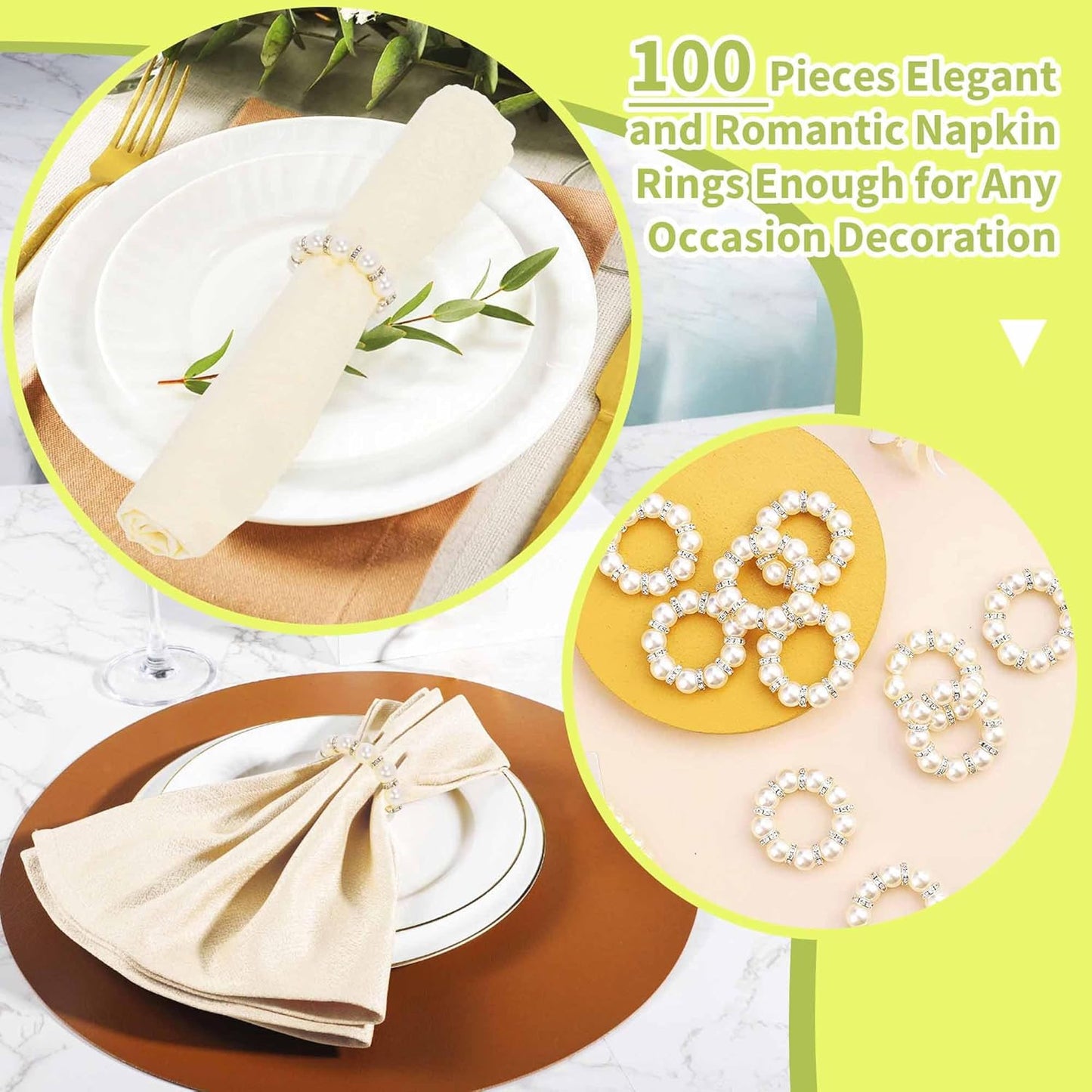 GENMOUS Set of 100 Silver Pearl Napkin Rings, Elegant Imitation Beaded Stylish Napkin Buckles for Formal Decor, White Napkin Ring Holders with Rhinestones for Weddings, Formal Dinners, Parties