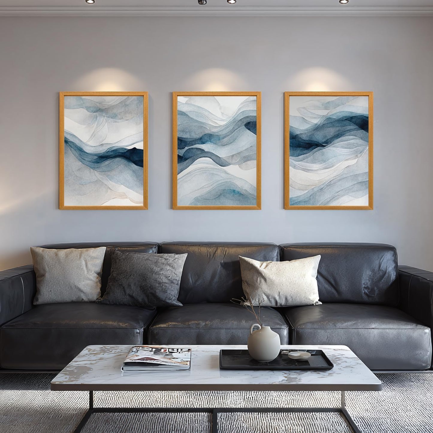 IAFWZX Wood Framed Blue Gray Abstract Wall Art, Modern Minimalist Waves Wall Decor, Neutral Watercolor Line Canvas Paintings, Navy Blue Watercolor Poster Prints for Living Room Office 16"x24"x3