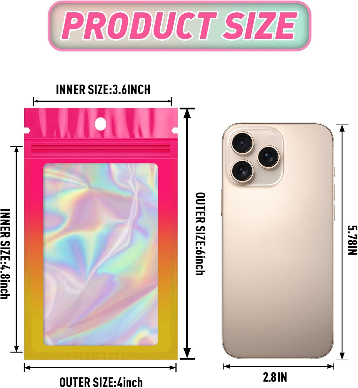 Funfery 100 Pack Gradient Holographic Bags,Mylar Resealable Bags with Zipper,Clear Window Packaging Pouchs,Smell Proof Foil Bag for Food Storage,Sample Jewelry Baggies(4×6In,Hot Pink Orange)