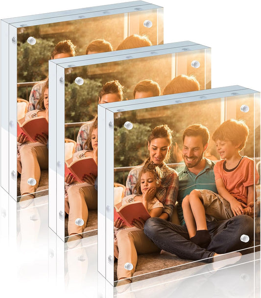 Egofine 5x5 Acrylic Frames 3 Pack, 20mm Thicker Frameless Clear Picture Frames, Double Sided Magnetic Picture Frames, Free Standing Desktop Display