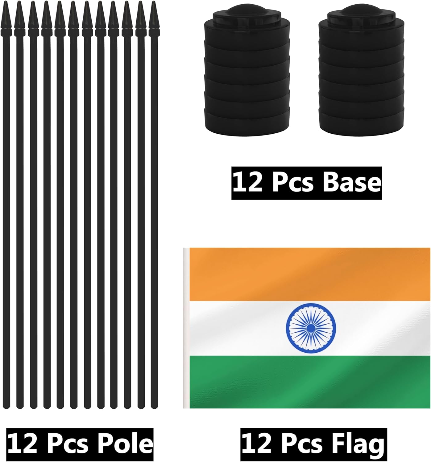 12 Pack India Desk Flags, Indian Desktop Flag, Small Miniature Office Flags with 12" Black Pole and Black Base, Offices, Classroom, Home, Festival Decoration (India)