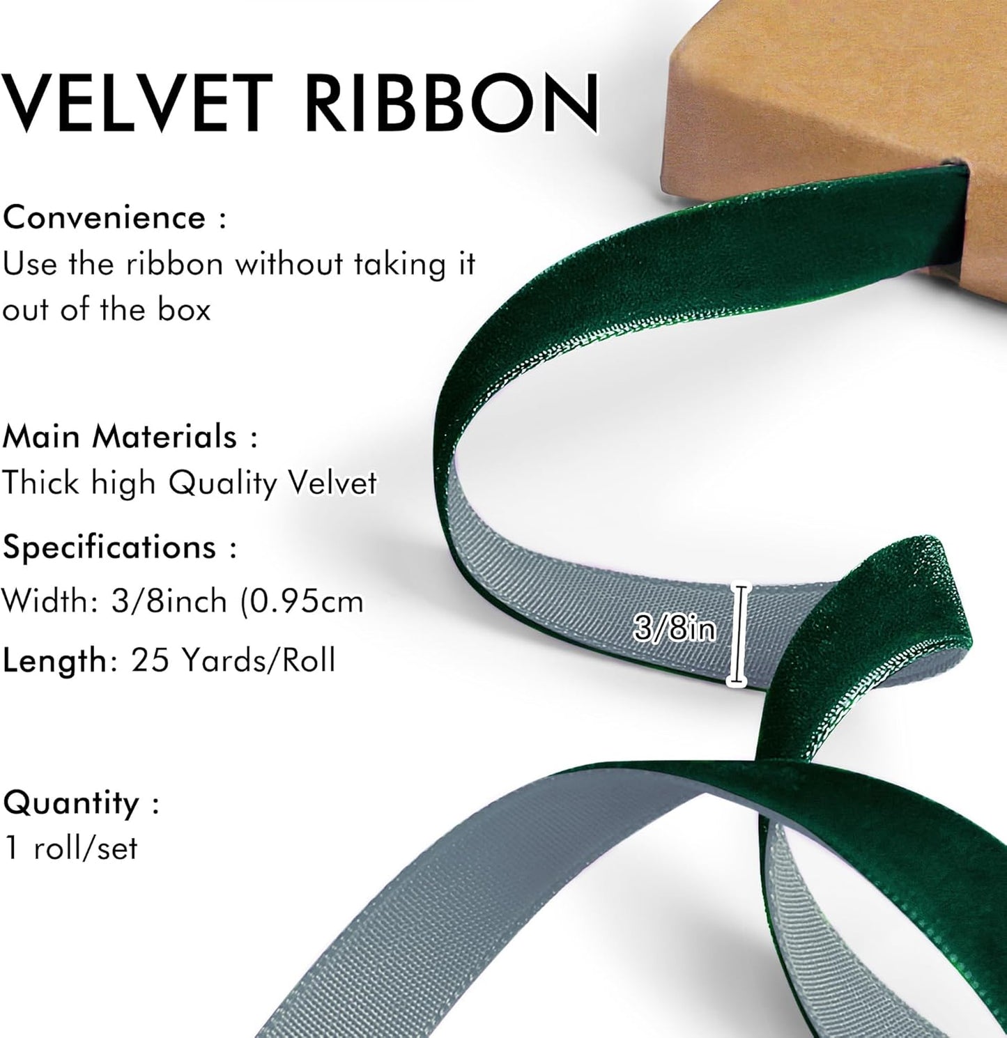 Dark Green Velvet Ribbon 3/8'' 25 Yards for Christmas Tree, Gift Wrapping, Flower Bouquet, Wreath Decorations, Bow Making