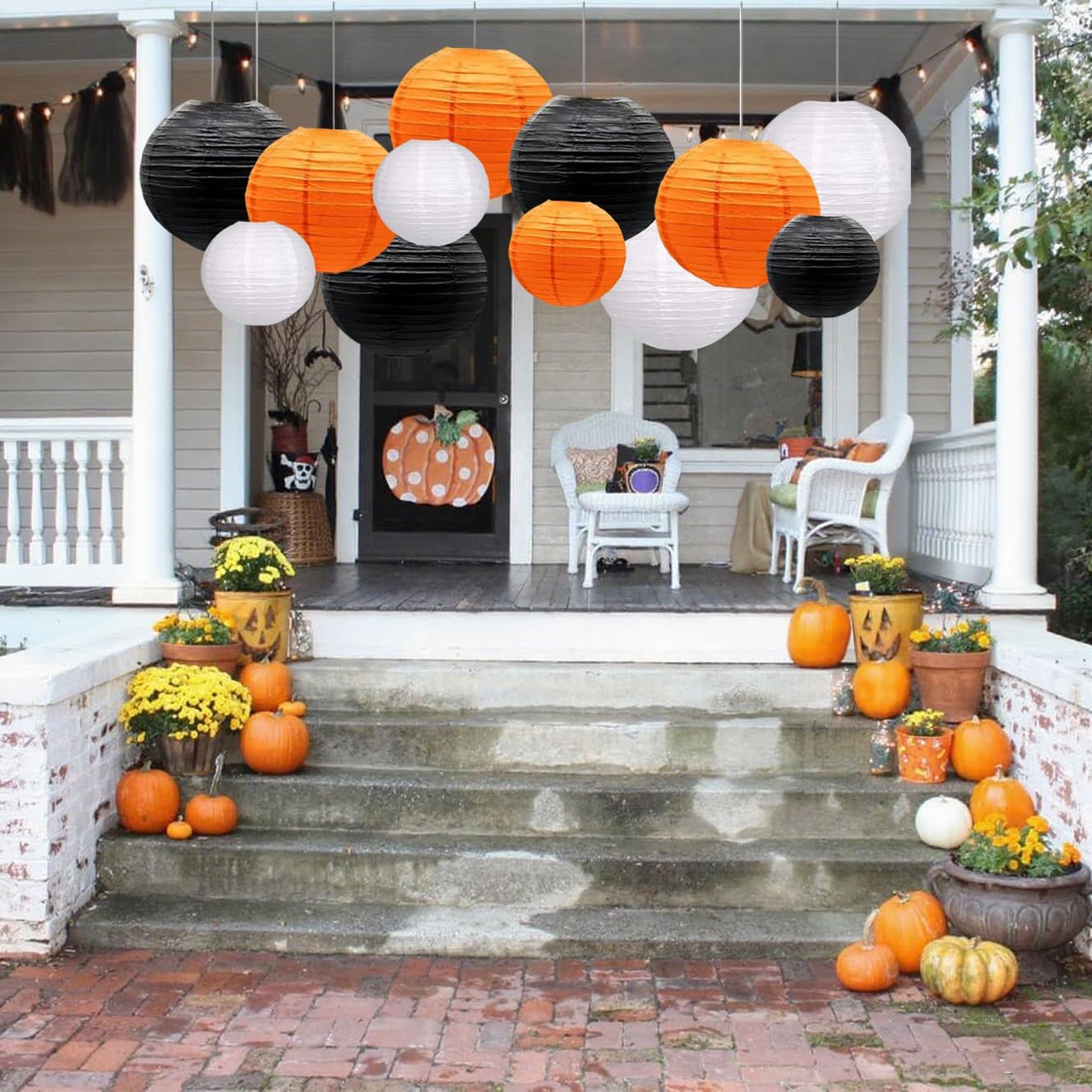 Orange Black White Paper Lanterns Decorative 12pcs Halloween Hanging Decorations for Graduation Thanksgiving Birthday Party Decorations